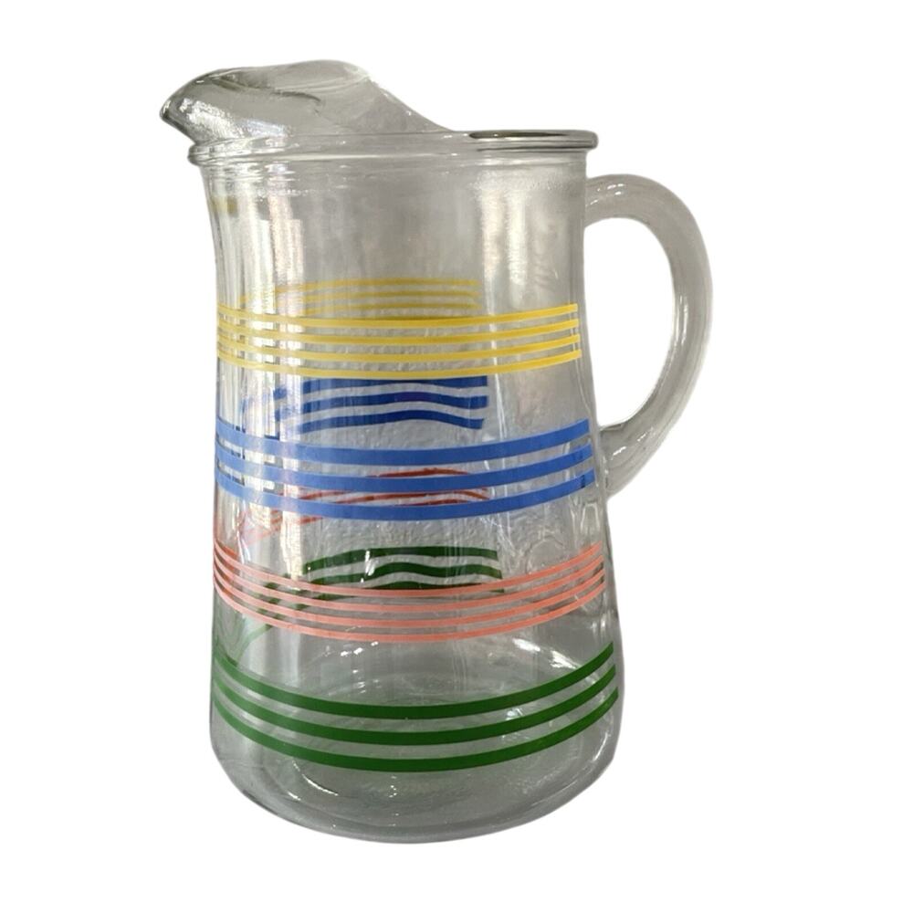 Rainbow Fiesta Stripe Anchor Hocking beverage glass pitcher No Cracks retro